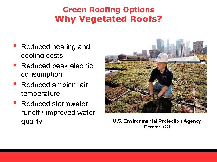 Green Roofing Options Why Vegetated Roofs? § § Reduced heating and cooling costs Reduced