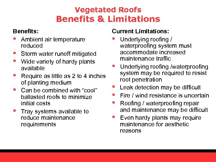 Vegetated Roofs Benefits & Limitations Benefits: Current Limitations: § Ambient air temperature § Underlying