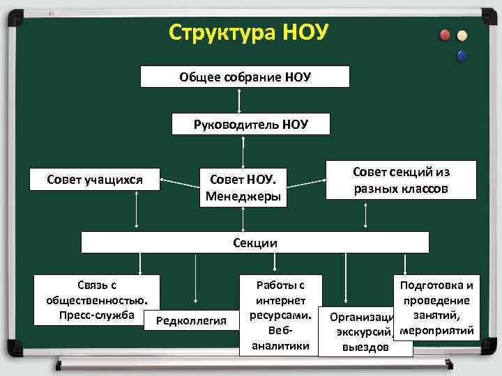 Структура НОУ Общее собрание НОУ Руководитель НОУ Совет учащихся Совет НОУ. Менеджеры Совет секций