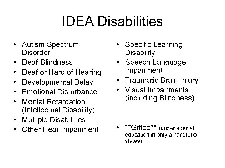 IDEA Disabilities • Autism Spectrum Disorder • Deaf-Blindness • Deaf or Hard of Hearing