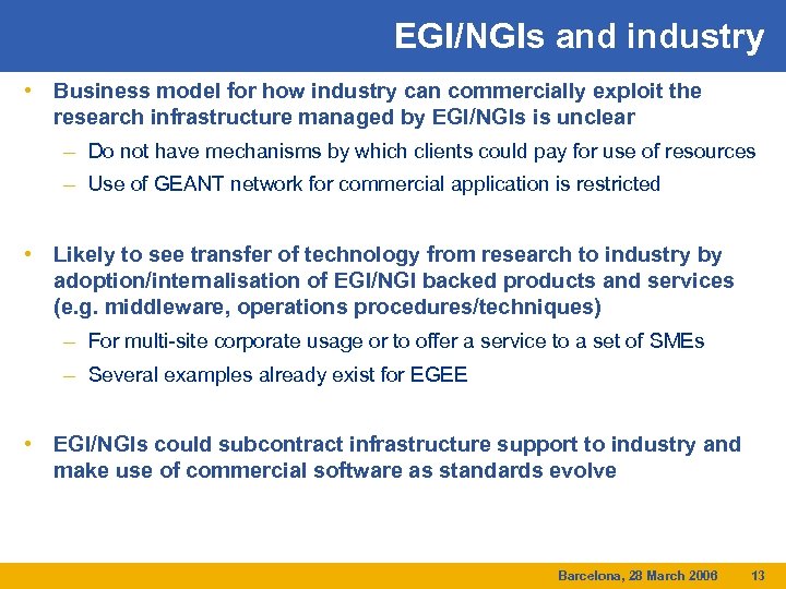 EGI/NGIs and industry • Business model for how industry can commercially exploit the research