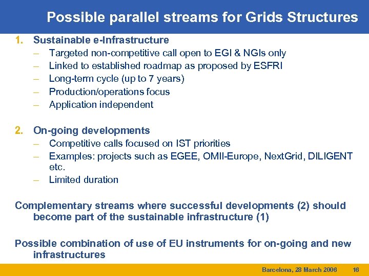 Possible parallel streams for Grids Structures 1. Sustainable e-Infrastructure – Targeted non-competitive call open