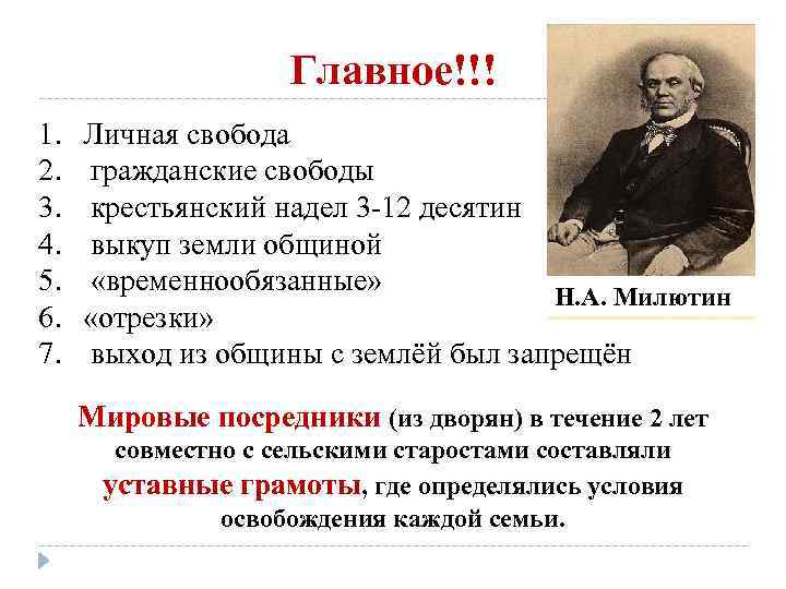 Главное!!! 1. 2. 3. 4. 5. 6. 7. Личная свобода гражданские свободы крестьянский надел