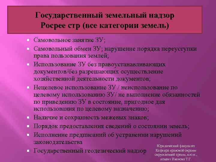 Государственный земельный надзор Росрее стр (все категории земель) Самовольное занятие ЗУ; Самовольный обмен ЗУ;