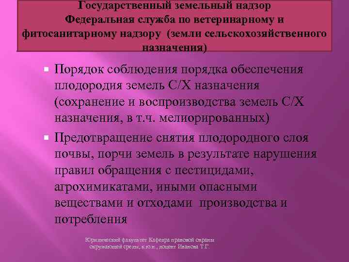 Государственный земельный надзор Федеральная служба по ветеринарному и фитосанитарному надзору (земли сельскохозяйственного назначения) Порядок