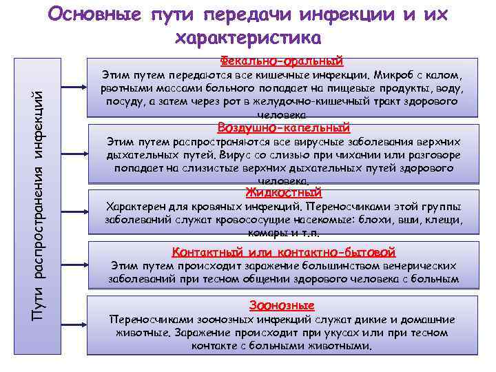 Основные пути передачи инфекции и их характеристика Пути распространения инфекций Фекально-оральный Этим путем передаются