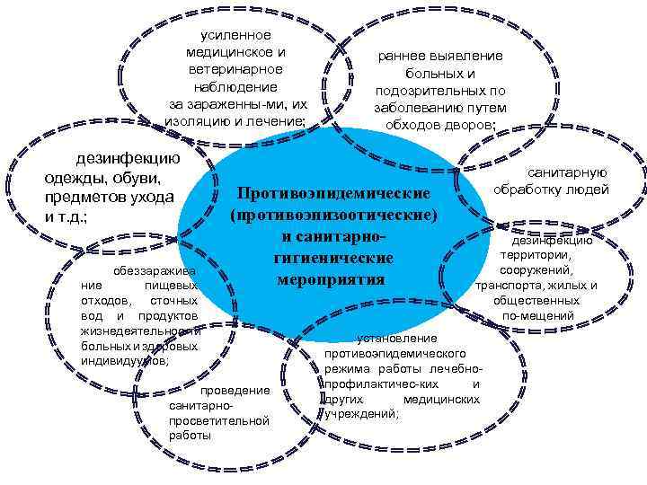 усиленное медицинское и ветеринарное наблюдение за зараженны ми, их изоляцию и лечение; дезинфекцию одежды,