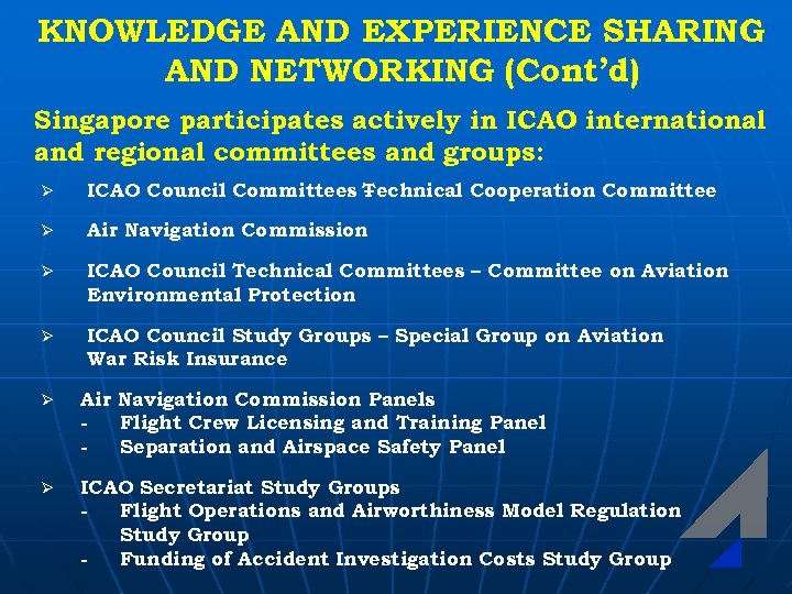 KNOWLEDGE AND EXPERIENCE SHARING AND NETWORKING (Cont’d) Singapore participates actively in ICAO international and