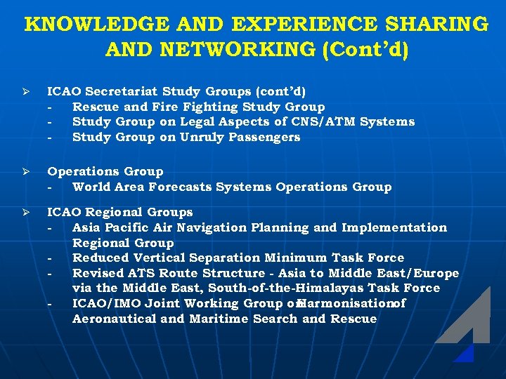 KNOWLEDGE AND EXPERIENCE SHARING AND NETWORKING (Cont’d) Ø ICAO Secretariat Study Groups (cont’d) Rescue