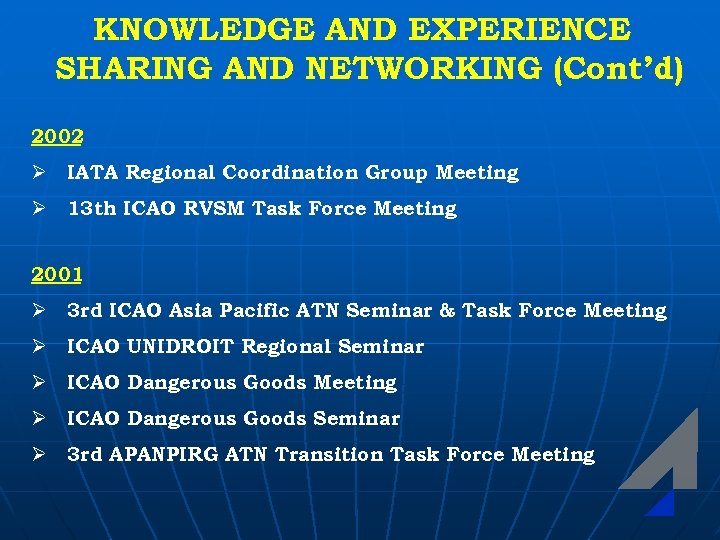 KNOWLEDGE AND EXPERIENCE SHARING AND NETWORKING (Cont’d) 2002 Ø IATA Regional Coordination Group Meeting