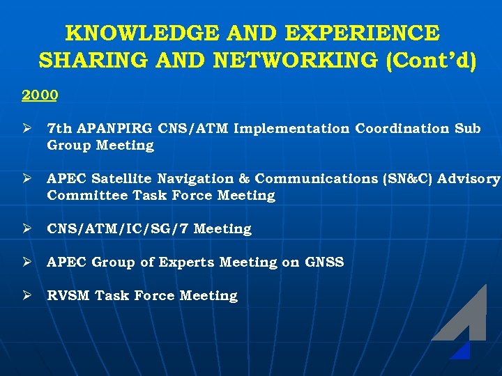 KNOWLEDGE AND EXPERIENCE SHARING AND NETWORKING (Cont’d) 2000 Ø 7 th APANPIRG CNS/ATM Implementation