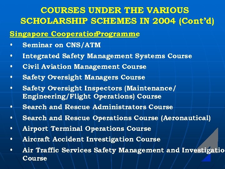 COURSES UNDER THE VARIOUS SCHOLARSHIP SCHEMES IN 2004 (Cont’d) Singapore Cooperation Programme • Seminar