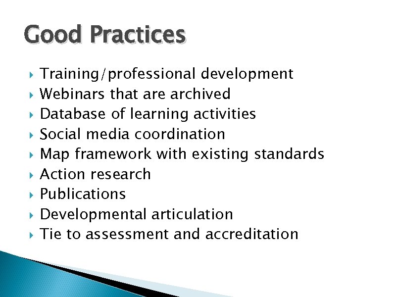 Good Practices Training/professional development Webinars that are archived Database of learning activities Social media