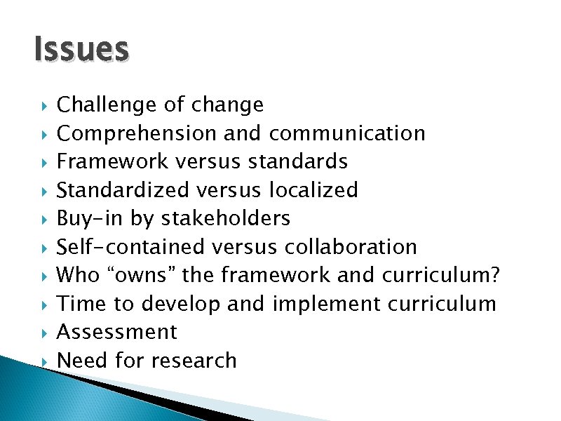 Issues Challenge of change Comprehension and communication Framework versus standards Standardized versus localized Buy-in