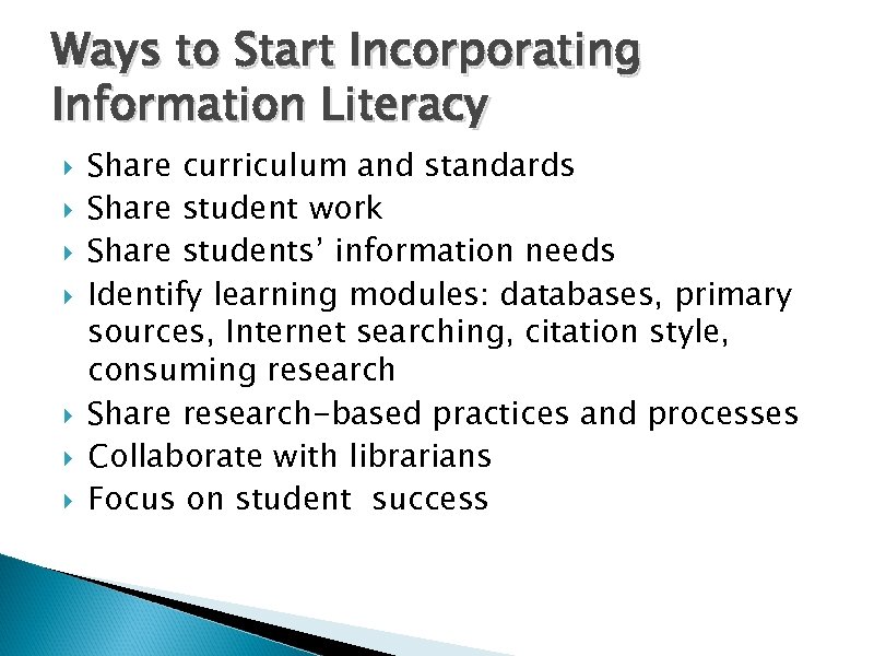 Ways to Start Incorporating Information Literacy Share curriculum and standards Share student work Share