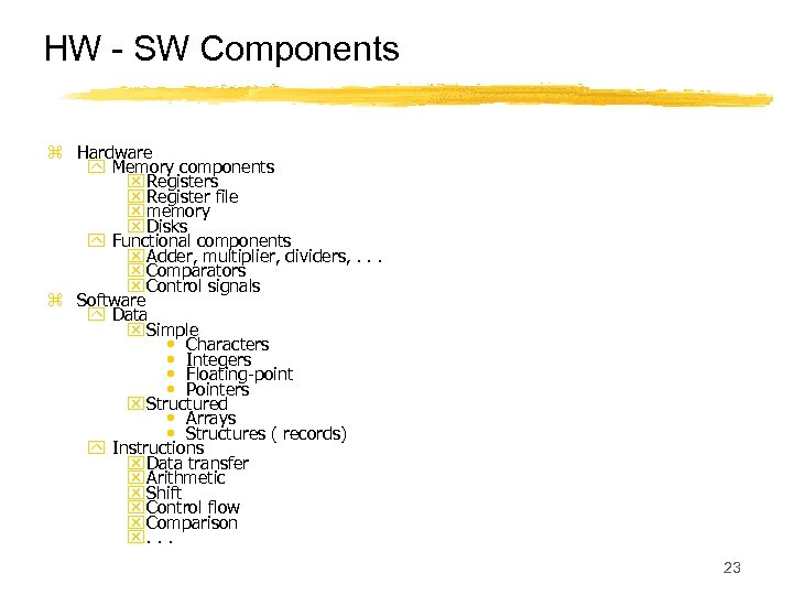 HW - SW Components z Hardware y Memory components x Register file x memory