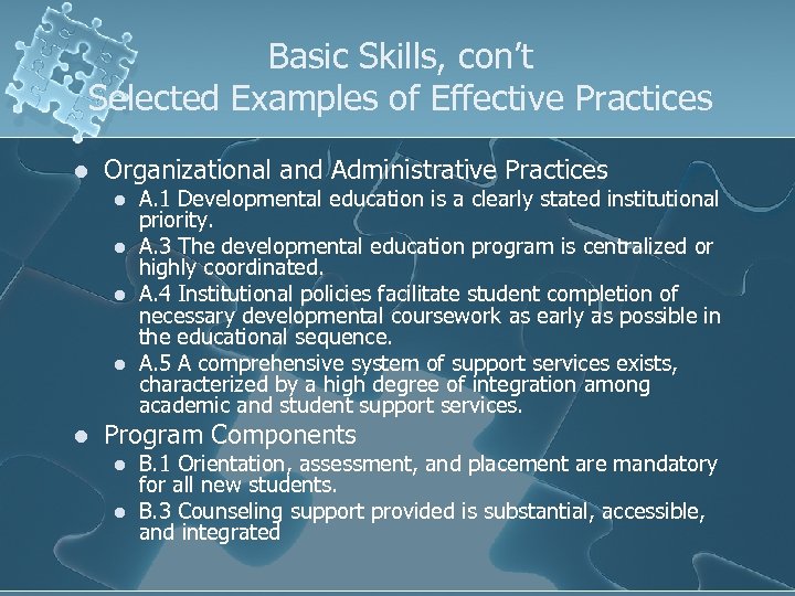 Basic Skills, con’t Selected Examples of Effective Practices l Organizational and Administrative Practices l
