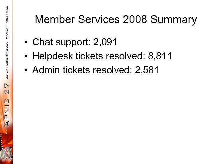 Member Services 2008 Summary • Chat support: 2, 091 • Helpdesk tickets resolved: 8,