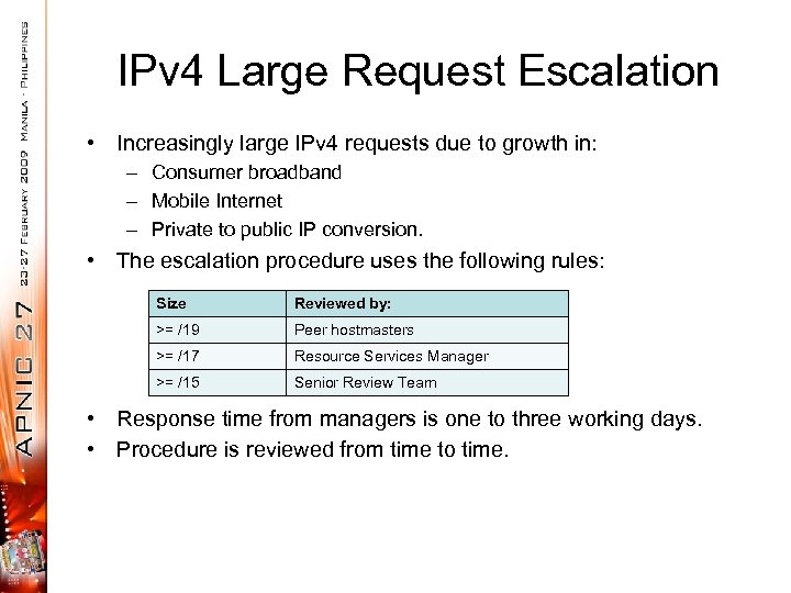 IPv 4 Large Request Escalation • Increasingly large IPv 4 requests due to growth