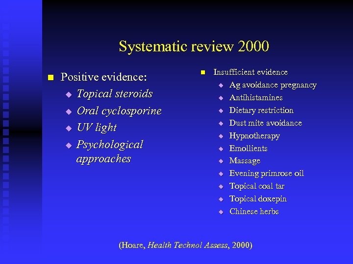 Systematic review 2000 n Positive evidence: u Topical steroids u Oral cyclosporine u UV