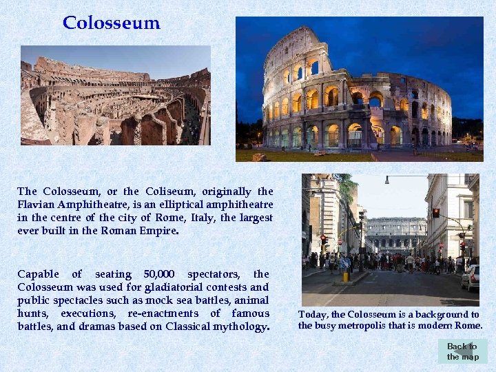 Colosseum The Colosseum, or the Coliseum, originally the Flavian Amphitheatre, is an elliptical amphitheatre