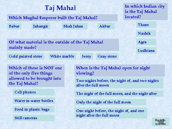 In which Indian city is the Taj Mahal located? Taj Mahal Which Mughal Emperor