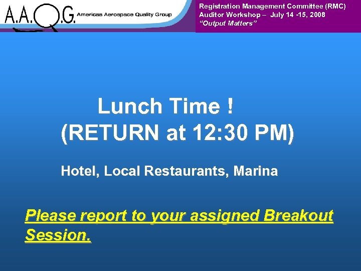 Registration Management Committee (RMC) Auditor Workshop – July 14 -15, 2008 “Output Matters” Lunch