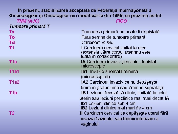  În prezent, stadializarea acceptată de Federaţia Internaţională a Ginecologilor şi Oncologilor (cu modificările