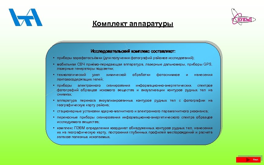 Комплект аппаратуры Исследовательский комплекс составляют: • приборы аэрофотосъёмки (для получения фотографий районов исследований); •