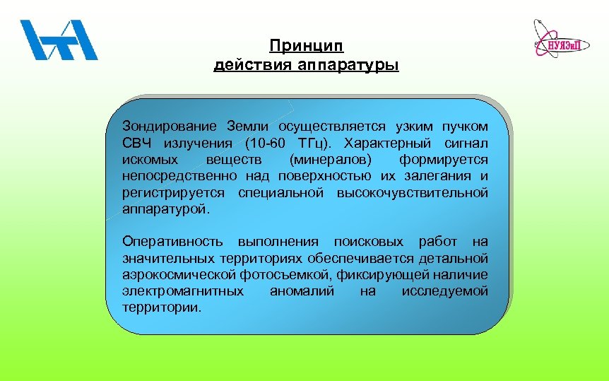 Принцип действия аппаратуры Зондирование Земли осуществляется узким пучком СВЧ излучения (10 -60 ТГц). Характерный