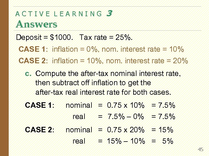 ACTIVE LEARNING Answers 3 Deposit = $1000. Tax rate = 25%. CASE 1: inflation