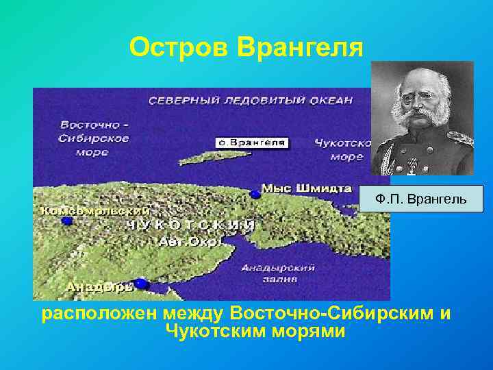 Остров Врангеля Ф. П. Врангель расположен между Восточно-Сибирским и Чукотским морями 