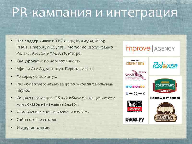 PR-кампания и интеграция § Нас поддерживают: ТВ Дождь, Культура, М-24; РИАН, Timeout, WOS, Mail,