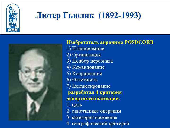 Лютер Гьюлик (1892 -1993) Изобретатель акронима POSDCORB 1) Планирование 2) Организация 3) Подбор персонала