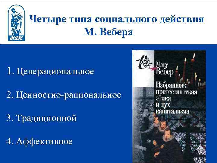 Четыре типа социального действия М. Вебера 1. Целерациональное 2. Ценностно-рациональное 3. Традиционной 4. Аффективное