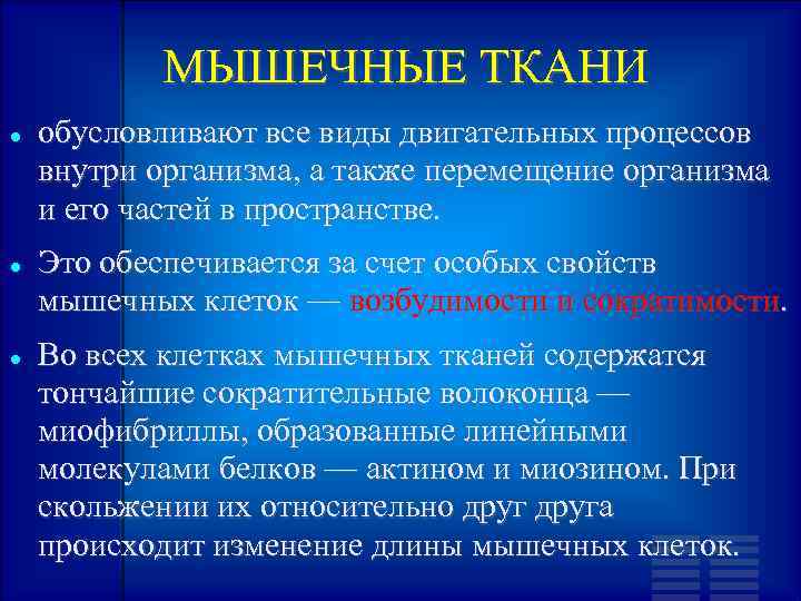 МЫШЕЧНЫЕ ТКАНИ обусловливают все виды двигательных процессов внутри организма, а также перемещение организма и