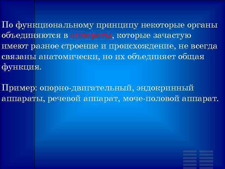 По функциональному принципу некоторые органы объединяются в аппараты, которые зачастую имеют разное строение и