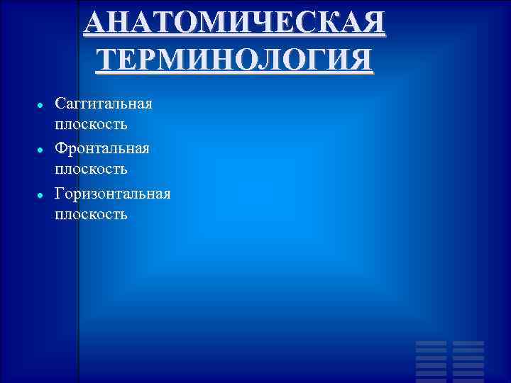 АНАТОМИЧЕСКАЯ ТЕРМИНОЛОГИЯ Саггитальная плоскость Фронтальная плоскость Горизонтальная плоскость 