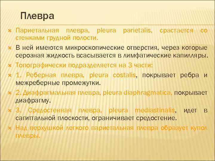 Плевра Париетальная плевра, pleura parietalis, срастается со стенками грудной полости. В ней имеются микроскопические