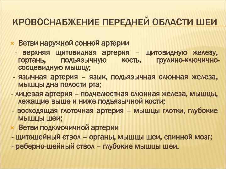 КРОВОСНАБЖЕНИЕ ПЕРЕДНЕЙ ОБЛАСТИ ШЕИ Ветви наружной сонной артерии - верхняя щитовидная артерия – щитовидную