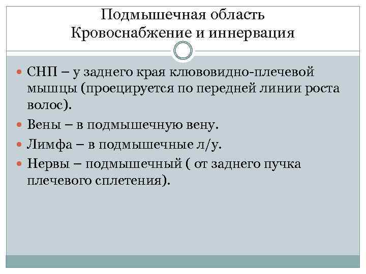 Подмышечная область Кровоснабжение и иннервация СНП – у заднего края клювовидно-плечевой мышцы (проецируется по