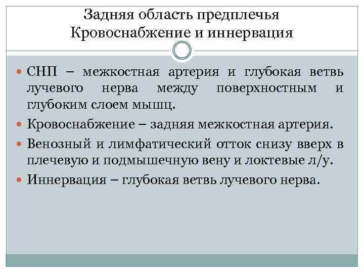Задняя область предплечья Кровоснабжение и иннервация СНП – межкостная артерия и глубокая ветвь лучевого