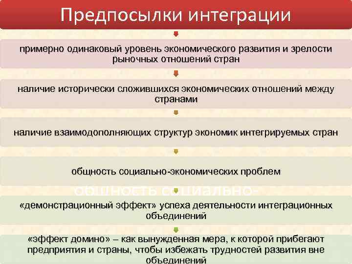 Предпосылки интеграции примерно одинаковый уровень экономического развития и зрелости рыночных отношений стран наличие исторически