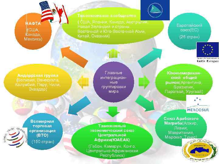 Тихоокеанское сообщество НАФТА (США, Канада, Мексика) Андоррская группа (Боливия, Венесуэла, Колумбия, Перу, Чили, Эквадор)
