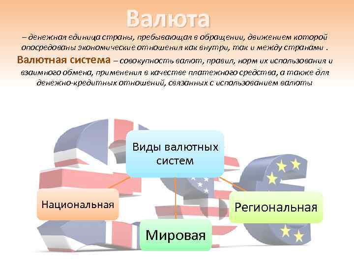 Валюта – денежная единица страны, пребывающая в обращении, движением которой опосредованы экономические отношения как