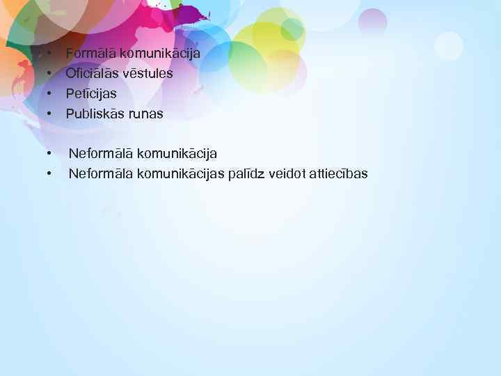  • • Formālā komunikācija Oficiālās vēstules Petīcijas Publiskās runas • Neformālā komunikācija •