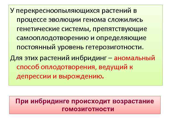 У перекресноопыляющихся растений в процессе эволюции генома сложились генетические системы, препятствующие самооплодотворению и определяющие