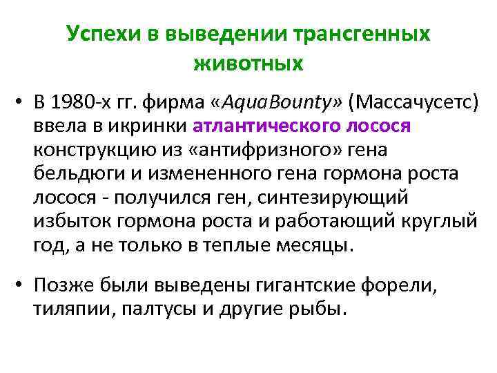 Успехи в выведении трансгенных животных • В 1980 -х гг. фирма «Aqua. Bounty» (Массачусетс)