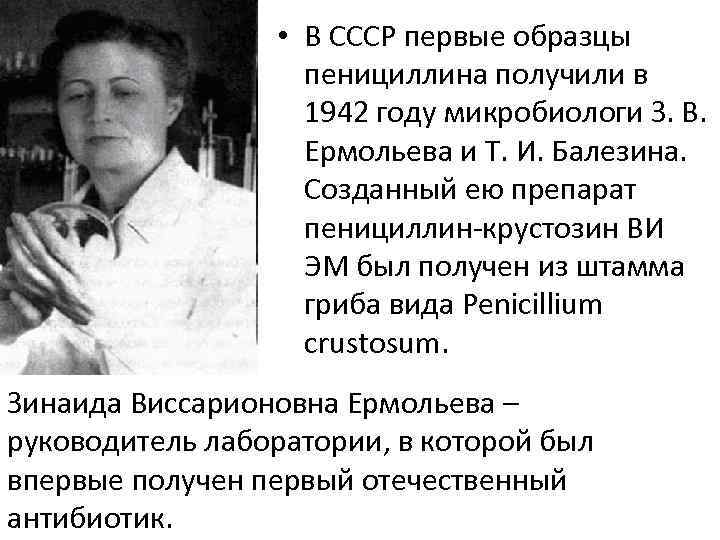  • В СССР первые образцы пенициллина получили в 1942 году микробиологи З. В.