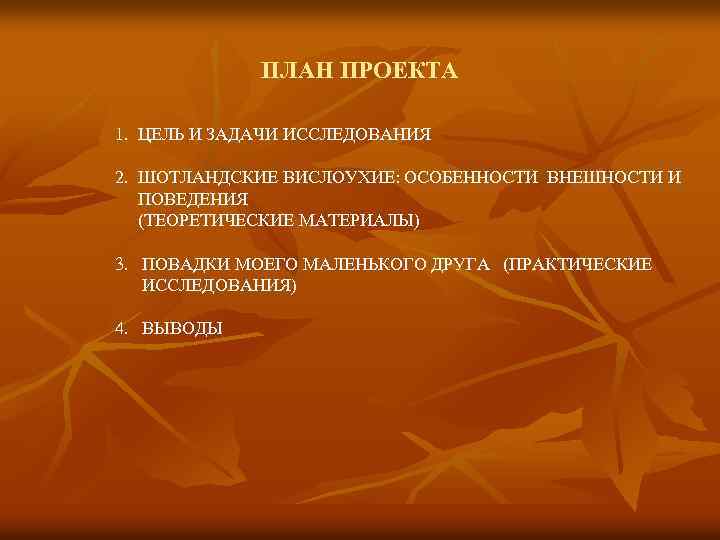 ПЛАН ПРОЕКТА 1. ЦЕЛЬ И ЗАДАЧИ ИССЛЕДОВАНИЯ 2. ШОТЛАНДСКИЕ ВИСЛОУХИЕ: ОСОБЕННОСТИ ВНЕШНОСТИ И ПОВЕДЕНИЯ